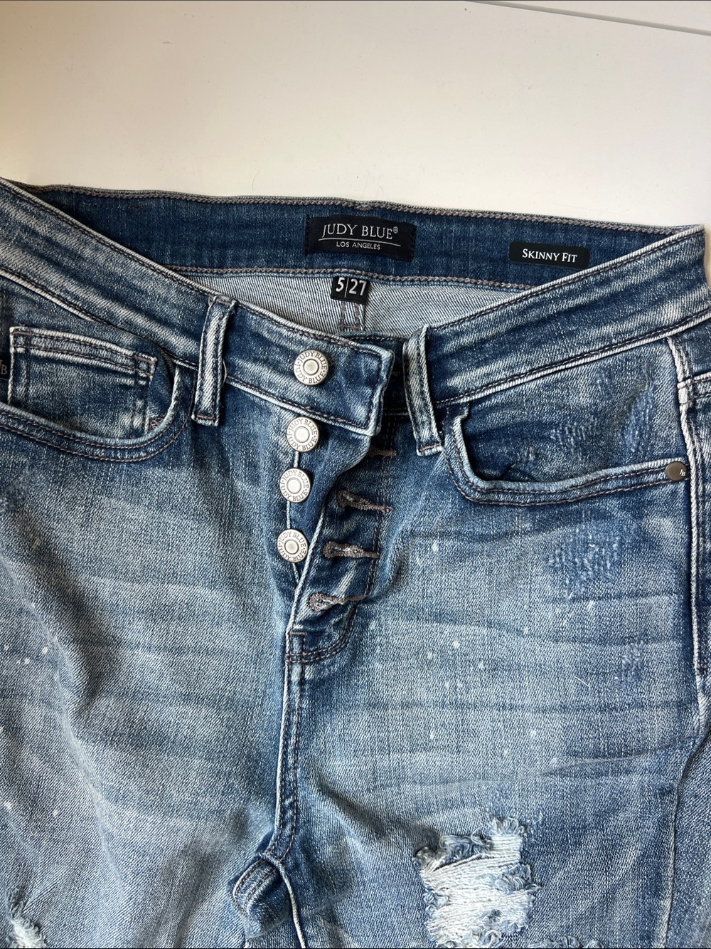 Judy Blue Distressed Medium Blue Skinny Jeans with Button-Fly